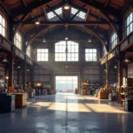 Indvendigt billede af et stort lager med højt til loftet, store vinduer og organiserede reoler fyldt med kasser og udstyr, oplyst af sollys gennem vinduerne.