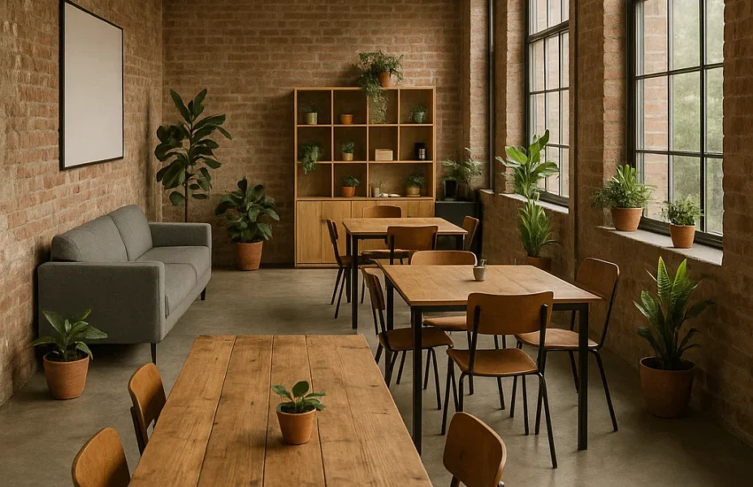 Moderne kontorlokale med træborde, stole, sofa og grønne planter, store vinduer og rå murstensvægge, ideelt til kreative arbejdsfællesskaber.
