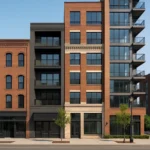 Facade af en moderne bygning med både bolig- og erhvervslokaler, store vinduespartier og altaner i en bymæssig kontekst.