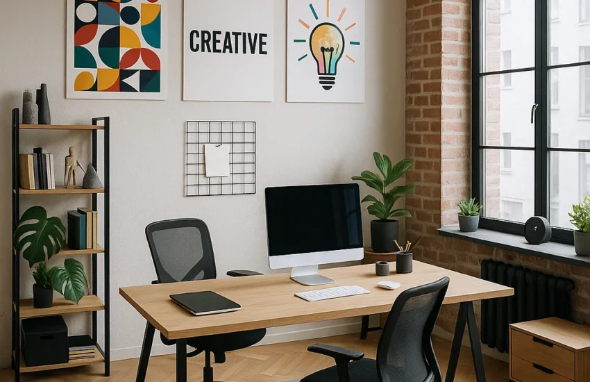Lys og moderne kontorindretning med skrivebord, computer, kontorstole og grønne planter. Væggen er dekoreret med kreative plakater, herunder en pæreillustration og ordet "CREATIVE".