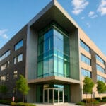 Et moderne og stilfuldt erhvervsbyggeri med store glasfacader, rene linjer og en indbydende indgang med grønne planter og belysning. Bygningen har en kombination af glas, beton og metal for et elegant og professionelt udtryk.