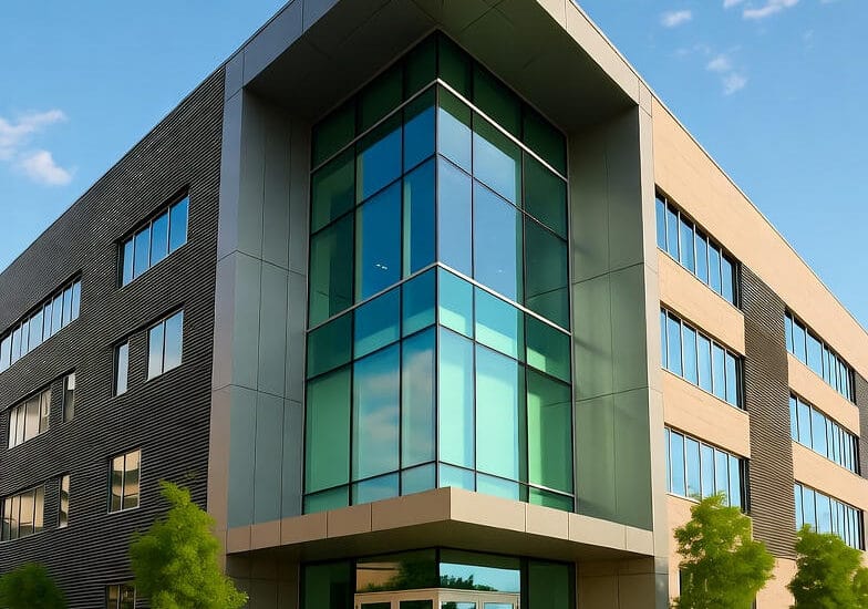 Et moderne og stilfuldt erhvervsbyggeri med store glasfacader, rene linjer og en indbydende indgang med grønne planter og belysning. Bygningen har en kombination af glas, beton og metal for et elegant og professionelt udtryk.